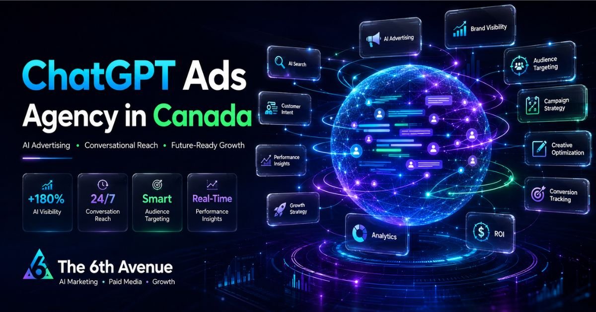 AI-powered ChatGPT advertising illustration showing conversational marketing, audience targeting, and campaign analytics.