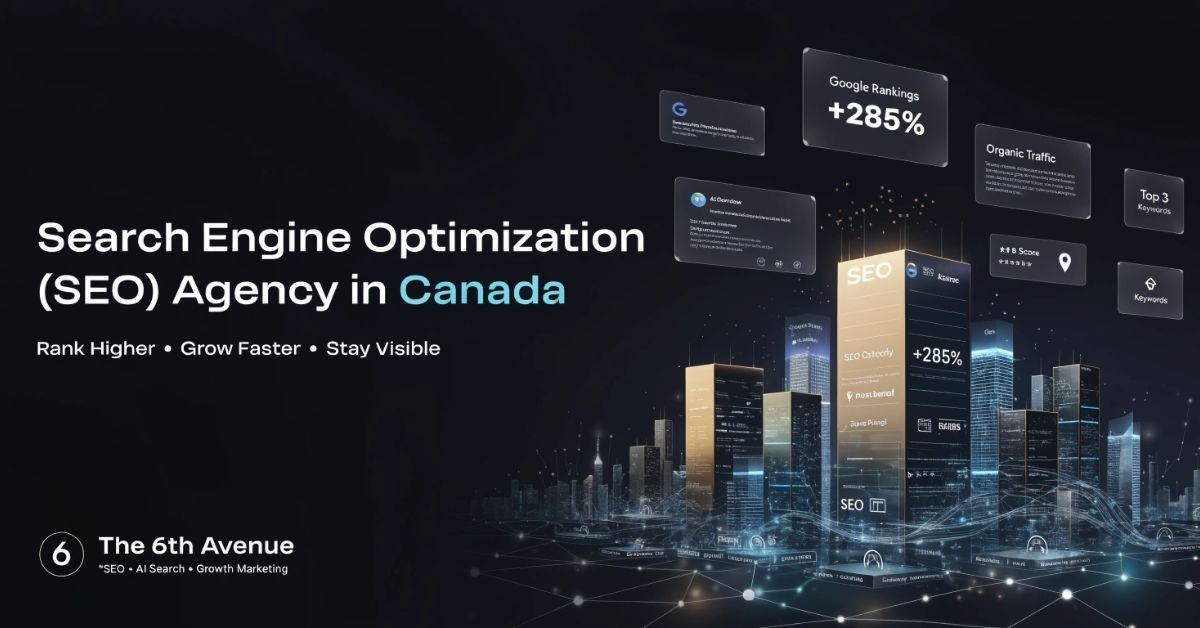 SEO strategy illustration featuring organic search rankings, AI search optimization, and website growth.
