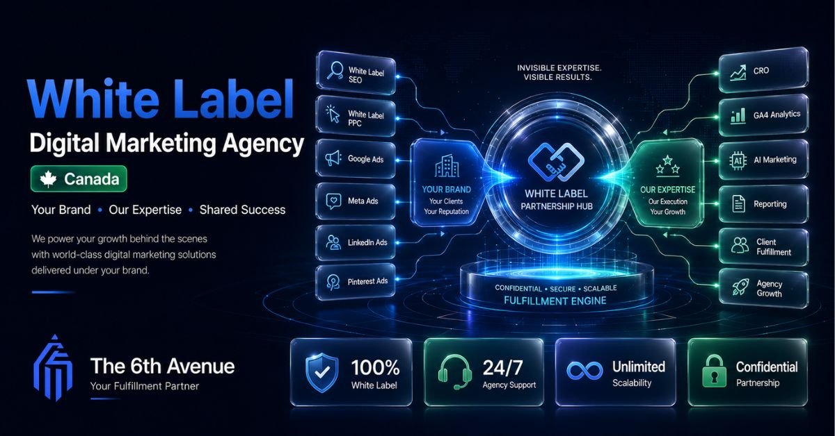 White label digital marketing partnership illustration featuring agency fulfillment, SEO, PPC, analytics, and branded reporting services.