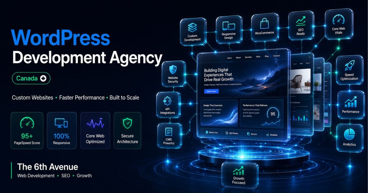 Custom WordPress website development illustration featuring responsive web design, website architecture, performance optimization, and SEO-ready development.
